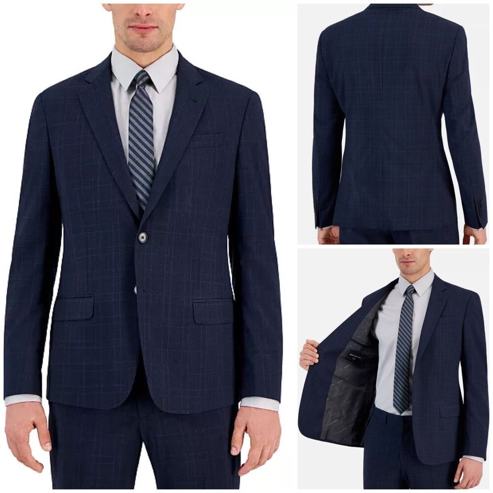 AX Armani Exchange Modern Fit Windowpane Plaid Wool Navy Blue Suit Jacket 42L